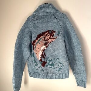 Vintage Handknit Cowichan Zip Up Cardigan with Fish Motif